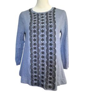 J. Crew 100% Merino Wool Floral Embroidered Sweater Heather Blue L